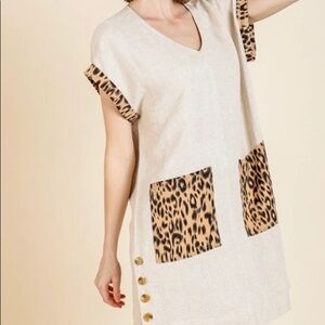 Umgee Animal Print Short Folded Sleeve V-Neck Dress